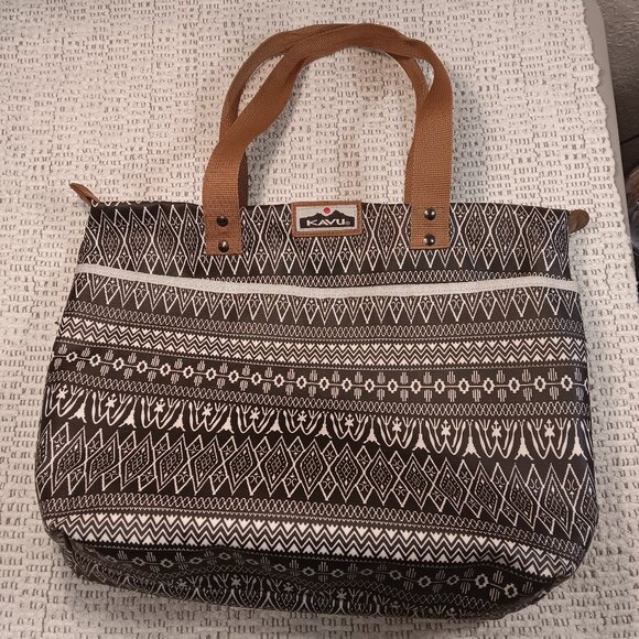Kavu coated canvas black & white ikat tribal style print large tote bag purse - Picture 1 of 11